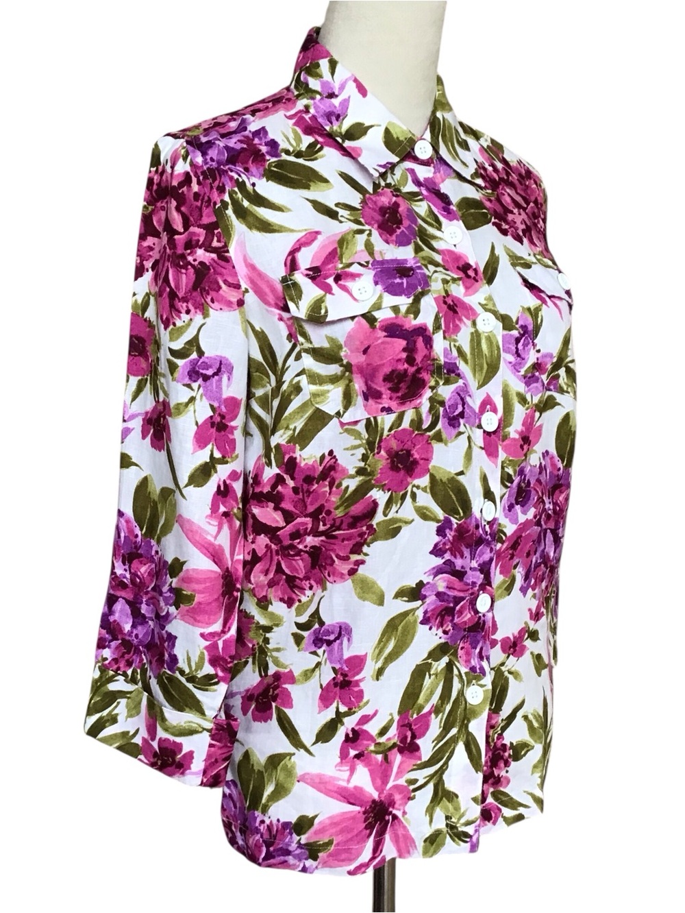 Jones New York White Linen Blouse with Pink & Green Floral Print - Picture 3 of 6